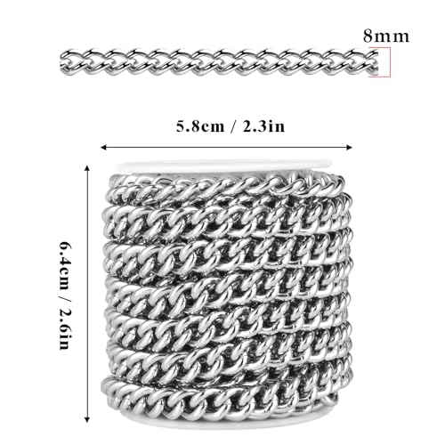 16.5 FT Stainless Steel Curb Chain Roll, 8mm 304 Stainless Steel Flat Twisted Links Curb Chains Bulk Spool for Jewelry Making Necklace DIY Craft - color: Stainless Steel, size: 8.0mm width