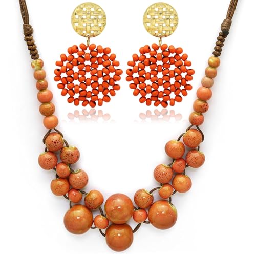 2 Pcs Hippie Boho Colorful Ceramic Beaded Necklace and Earrings Set for Women Adjustable Chunky Round Beads Strand Statement Necklace Colorful Summer Beaded Earrings Bohemian Jewelry Gift - color: Dark Pink