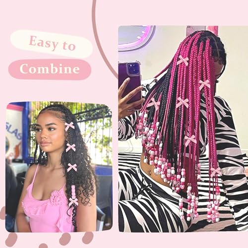 45PCS Pink Hair Bow Large Hair Beads for Braids Acrylic Loc Jewelry Beads Cute Bow Hair Clips for Women Girls - color: Pink