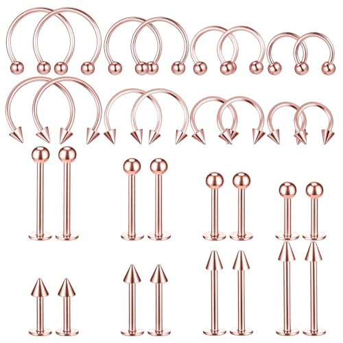 64 PCS Jewelry Lip Barbell Ring Lip Rings Vertical Labret Medusa Snake Bite Earring Piercing Jewelry Helix Earring Daith Tragus Cartilage Studs Steel for Women Men - color: Rose gold