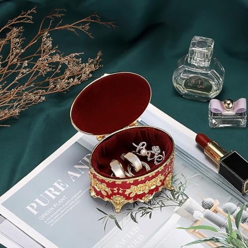 Hipiwe Oval Jewelry Box Classic Metal Trinket Organizer Ring Storage Box with Rose Pattern Jewelry Storage Box for Ring Earrings Necklace, Gift for Women, Red - color: Red