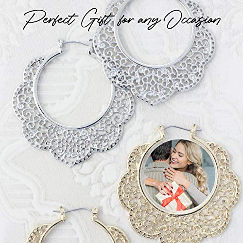 Bohemian Boho Filigree Hoop Earrings for Women – Intricate & Delicate Cutout Design Details – Tribal Floral Gypsy Lightweight Geometric Metallic Statement Earrings - style: Outer Floral - Silver