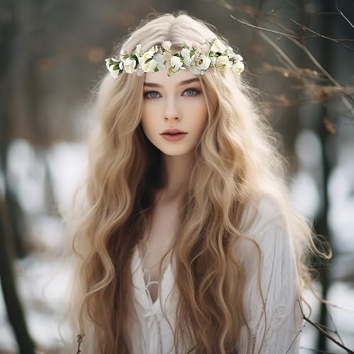 Vivivalue Wedding Flower Crown Women Flower Headband Hair Wreath Floral Headpiece Halo Boho with Ribbon Party Prom Festival Photos - color: K