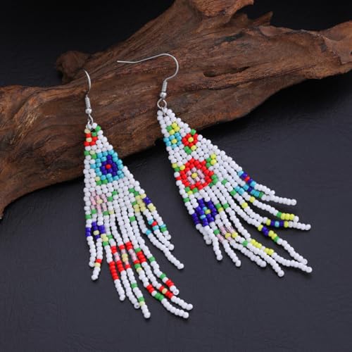 Flower Black Beaded Long Tassel Western Native American Earrings For Women Dangling - color: white