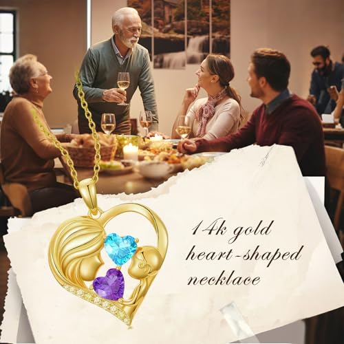 Mothers Day Gifts 14K Yellow Gold Mother Daughter Heart Pendant Necklace with 12 Months Birthstone Birthday Gifts for Mom Anniversarry Jewelry for Mom Wife Girlfriend - color: 02-03-Feb-Mar Birthstone