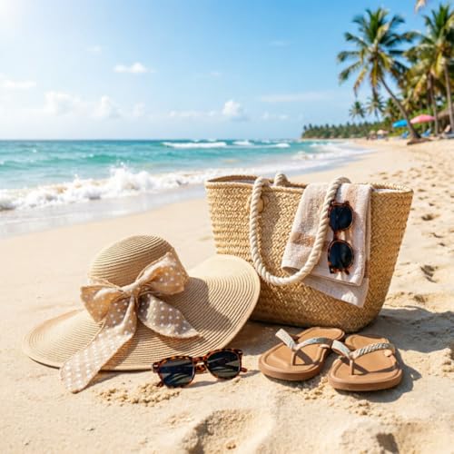 DRESHOW Beach Hats for Women Big Straw Wide Brim Summer Hat Floppy Foldable Roll up Cap Sun Hat UPF 50+ - color: 1 Pc：khaki+white Dot Hat, 4.7" Brim