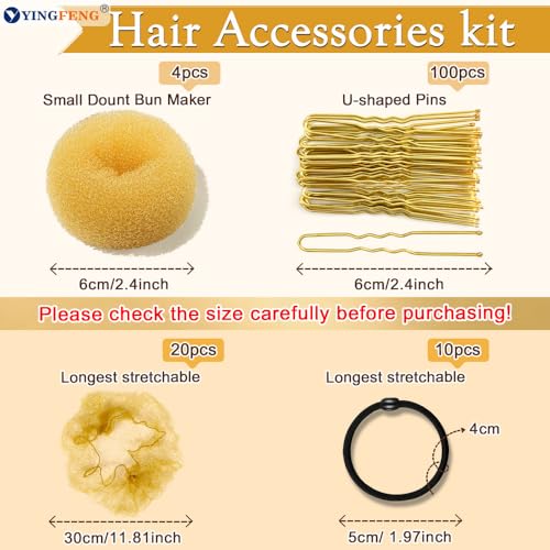YINGFENG 134 Pcs Gold Hair Bun Maker Kit for Kids Small - 4 Hair Donuts for Buns, 20 Hair Nets for Buns, 100 U Shaped Bobby Pins, 10 Hair Bands, for Girls, Ballet Dance, Hair Accessories for Women - color: gold, size: Small