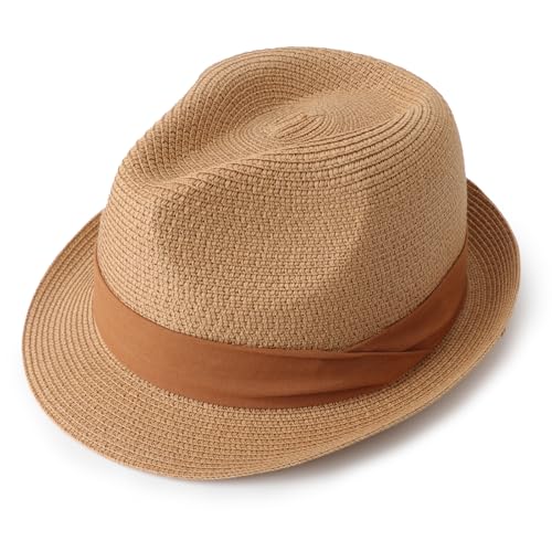 DRESHOW Women Straw Sun Hat Short Brim Panama Travel Fedora Summer Hat Roll Up Beach Cap for Women UPF 50+ - color: 1 Pc Straw Hat: Khaki (Brown Ribbon)