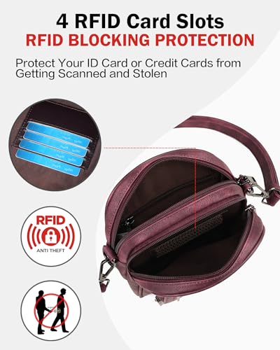 FADEON Small Purses for Women Crossbody Bags, Designer PU Leather Mini Cross Body Purse Travel Shoulder Bag Card Slots - color: Wine Red Retro Style