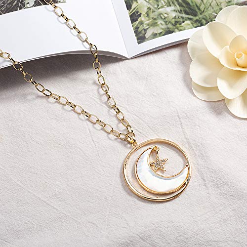 Long Moon Star Shell Pendant Necklace for Women Sweater Layered Y Statement Bohemian Chain Mother Jewelry with Gifts Box - color: GOLD
