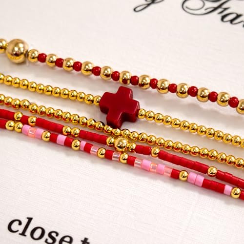 Gold Beaded Cross Bracelet for Women, 14K Plated Adjustable Stackable Dainty Bracelets, Non Tarnish Fashion Jewelry Set Gifts for Women Birthday Friendship - color: Colors-11