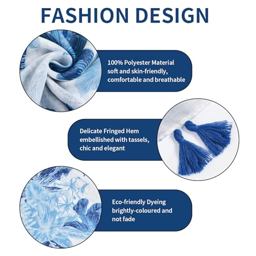 QIUTIMIY Scarf for Women Lightweight Soft Floral Leopard Printed Scarves Fall Winter Fashion Shawl Wrap with Fringe - color: Flower-white Blue