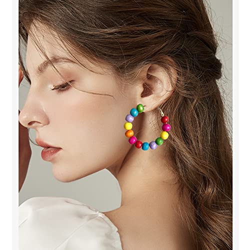 Handmade Nature Wooden Beaded Hoop Earrings Bohemian Minimalist Colorful Circle Round Wood Bead Earrings Vintage Chic Wooden Ethnic Dangle Drop Earrings for Women Statement Jewelry Gifts - color: Color Small Round 1