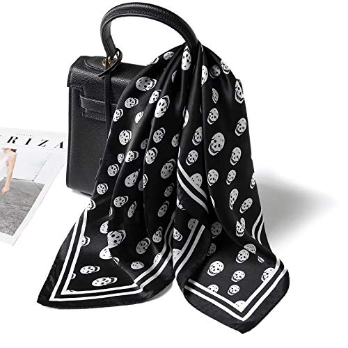 ANDANTINO 100% Mulberry Silk Scarf -21” Square Neckerchief with Gift Packed - color: Black&white Skulls