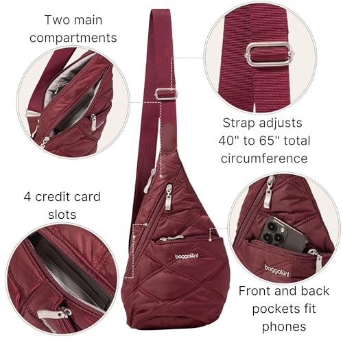 Baggallini Mini Sling - 12x7 Sling Crossbody Bag Backpack with Adjustable Shoulder Strap - color: Dark Cherry Quilt
