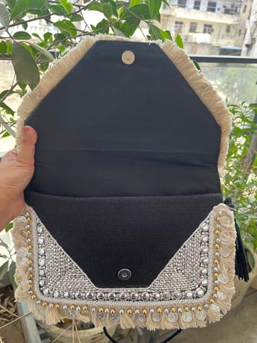 Handcrafted Boho Clutch Purse, Beaded Geometric Pattern with Fringe, Crossbody Evening Bag - color: Black