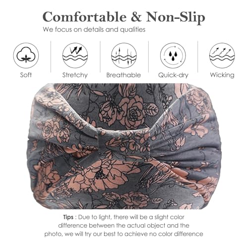 Artilady Wide Bandana Headbands for Women-Boho Bandeau Head Band Bohemian Paisley Red Headwrap Soft Athletic Elastic Sweat Non Slip Hair Bands for Curly Hair Accessories 6 PCS - color: Flower