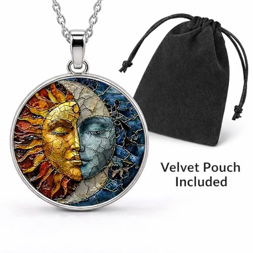 1pc Stunning Round Pendant Necklace - Unique Sun & Moon Pattern, Oil Painting Style Glass Mosaic, Alloy Construction, Trendy Sweater Chain, Fashionable Gift for Women - Christmas or Birthday Gift - color: Silver Chain
