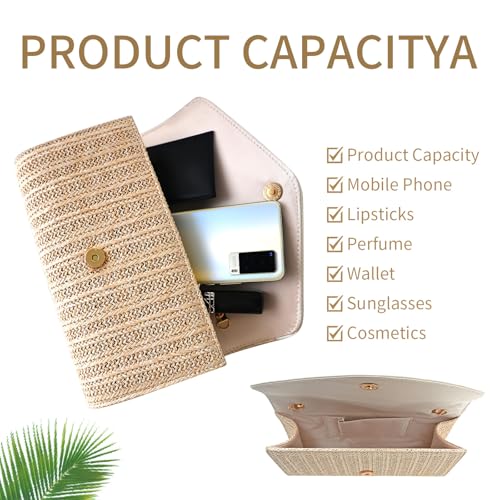 Straw Clutch Purse for Women Envelope Clutch Handbags for Summer Beach Evening Shoulder Crossbody Bag - color: Beige