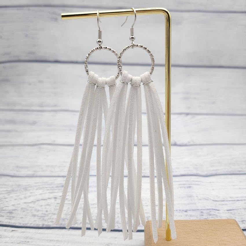Bohemian Statement Light Weight Fringe Leather Earrrings Triangle Deerskin Leather Boho Western Statement Dangel Earrings for Women - color: White
