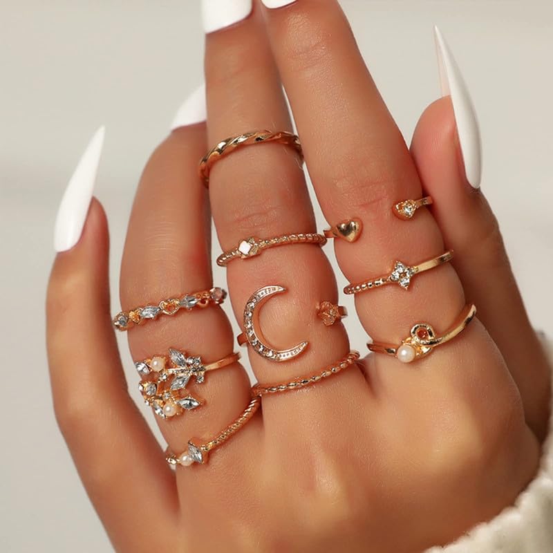 Gold Stackable Rings Set Moon Star Design Adjustable Rings for Everyday Wear Mid FingerPinky Ring Trendy Jewelry Gifts - color: A2