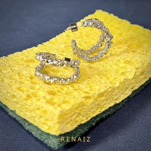 RENAIZ Bold Statement Hoop & Stud Earrings for Women – 14K Gold & Rhodium Plated Maximalist Jewelry, Chunky Geometric Boho Earrings, Hypoallergenic Non-Tarnish Trendy Gift - color: White Gold, style: Lava Chunky