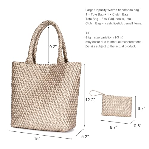 BAGOK Woven Tote Bag for Women, Handwoven Vegan Leather Shoulder Bag with Clutch, Large Tote for Work, Travel & Beach - color: Gold