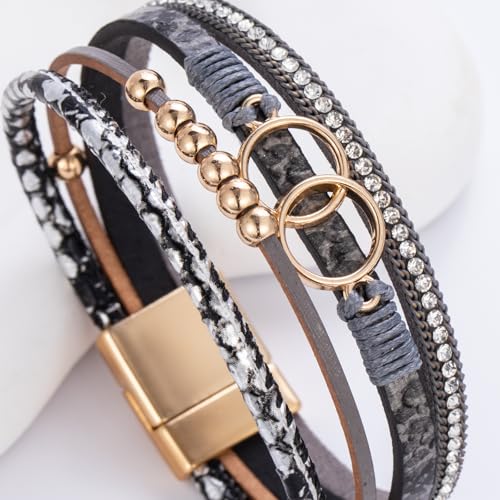 FANCY SHINY Boho Leather Wrap Bracelet Stackable Infinity Chunky Cuff Bracelets Western Hippie Outfits Jewelry Valentine Gifts for Women - color: Snakeskin Grey