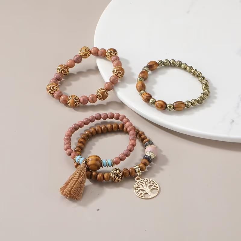 Nyx&lvy Pink Crystal Beaded Stretch Bracelet Set with Gold Heart Charm, Multi-Strand Fashion Jewelry for Women - style: brown