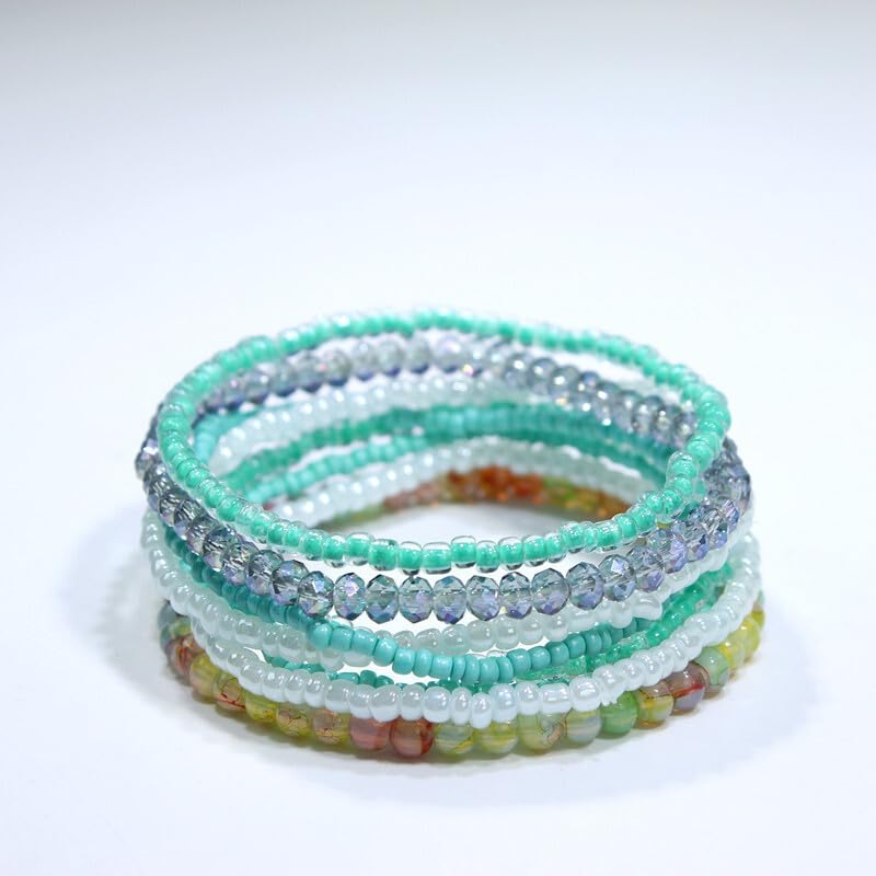 Pingyongchang Boho Colorful Beads Stackable Bracelets Set for Women Handmade Multicolor Seed Crystal Layered Stretch Bracelets Retro Country Holiday Beach Trendy Jewelry Gifts - color: Blue
