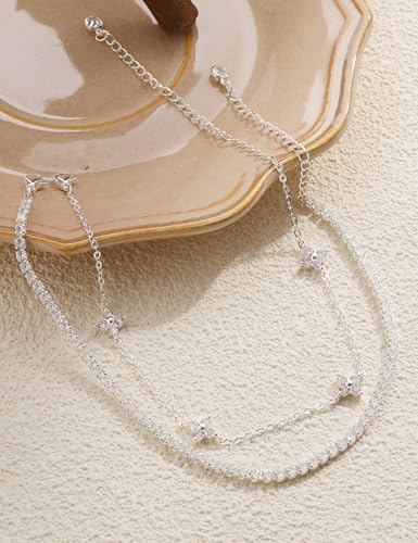 RLMOON Gold Silver Anklets for Women CZ Ankle Bracelet 14K Gold Plated Waterproof Layered Stackable Clover Butterfly Tennis Chain Anklet Trendy Summer Beach Foot Jewelry - color: A:Flower Anklet Silver