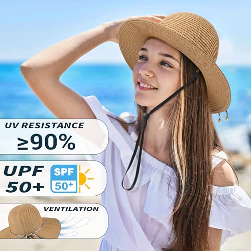 Sun Hats for Women, Straw Hats UPF 50+ Sun Protection, Wide Brim Womens Beach Hat for Summer Travel - color: Khaki-vn