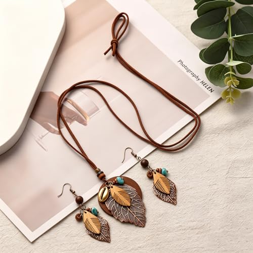 Wooden Leather Necklaces Set Bohemian Wood Stack Discs Long Chain Hemp Rope Bronze Plated Pendant Ethnic Tribal Fall Leaf Earrings Jewelry Statement Necklace - color: R-028