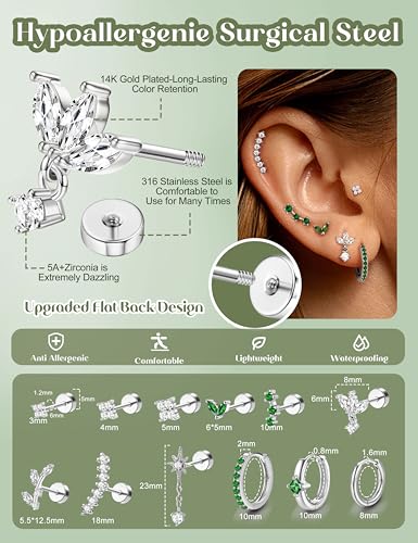 ORAZIO 16 Gauge Cartilage Earrings for Women Flat Back Hypoallergenic Surgical Steel Small Flatback Stud Hoop Cartilage Earring Stack Set Daith Conch Tragus Helix Piercing Jewelry Single PC - color: Silver Plated+Emerald CZ