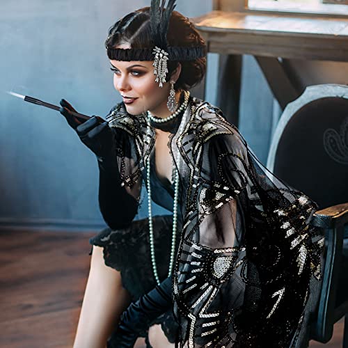 Zhanmai 5 Pcs 1920s Flapper Accessories for Women Roaring 20s Headpiece Shawl Necklace Earring Gloves - color: Black Gold, style: Vintage