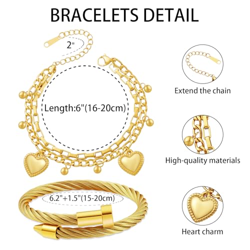 2PCS 18K Gold Plated Nail Bangle & Chain Bracelet Set for Women, Adjustable Stackable Bangle Jewelry, Dainty Gold Bracelet Gift for Women - color: Set F