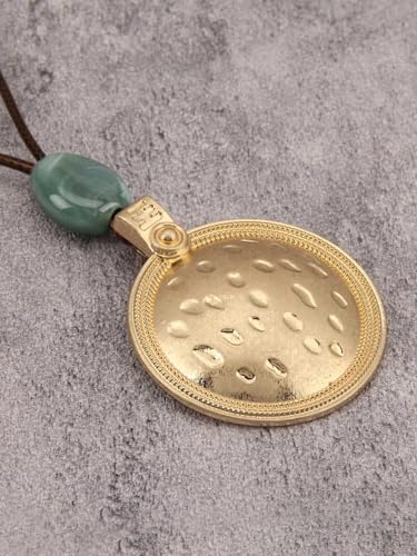 GelConnie Leather Necklace for Women Round Wooden Pendant Long Leather Choker Vintage Sweater Necklace Gold Chunky Boho Necklaces for Women - style: Boho Necklace Women Long