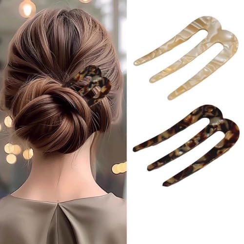 2 Pcs French Hair Pins for Women, U Shaped Hair Forks, French Twist Hair Pin Clips, Vintage Hairstyle Accessories Cellulose Acetate 3 Prong Bun Hair Sticks