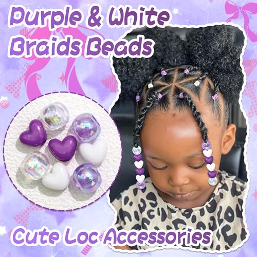 60PCS Purple White Heart Hair Beads for Braids AB Color Round Bead Loc Dreadlock Accessories Lovely Kids Girls Pony Beads - color: Purple&White