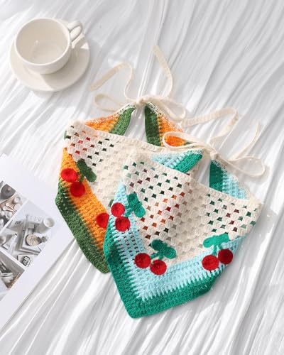AWAYTR Crochet Head Scarf Hair Bandanas Women Knit Bandana Headband Scarf Tie-Back Head Coverings Floral Headscarf - color: Cherry - Orange + Blue