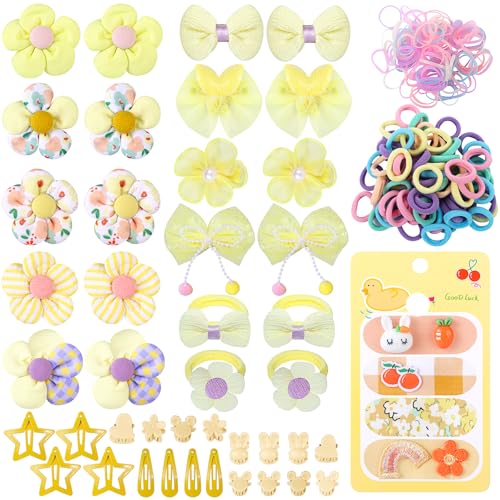 400 Pcs Baby Girls Hair Accessories Set,Baby Girls Hair Ties,Flower Bows Rubber Bands,Hair-friendly Hair Clip,Soft Elastic Hair Bands,Claw Clip(Yellow) - color: Yellow