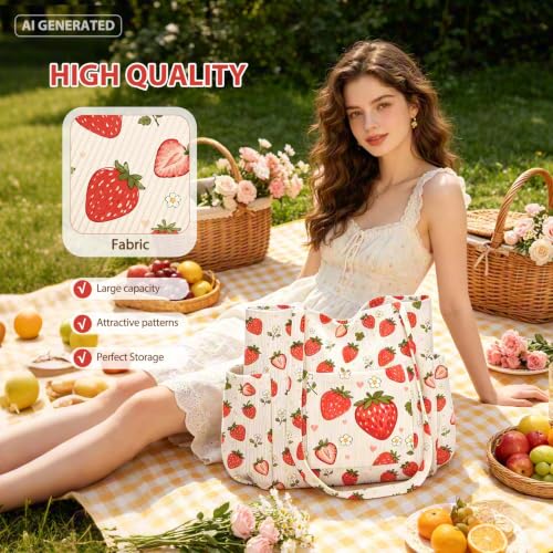 Corduroy Tote Bag for Women,Large Capacity Cute Tote Bags With 6 Pockets,Crossbody Shoulder Handbag for Work Travel Gym - color: Watercolor Strawberry