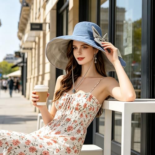 Women's Foldable Floppy Sun Hats Reversible Vacation Beach Cap Summer Wide Brim UPF 50+ Travel Fishing Bucket Hat - color: Blue, Cotton Linen