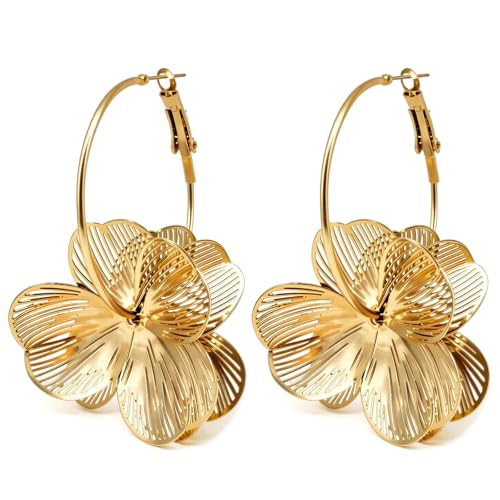 Gold Flower Earrings for Women Boho Orchid Earrings Floral Hoop Petal Earring Prom Wedding Jewelry - style: A:GOLD