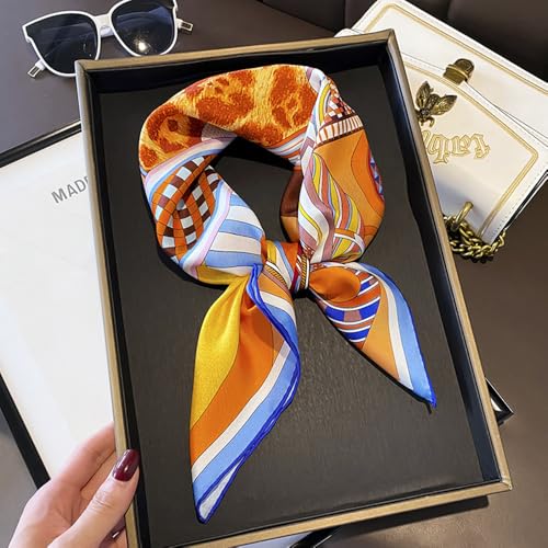 CHUNG Women's Scarf Hair Bandanas Square 27.5" Satin Wrap Fashion Pattern Scarves Emulation Silk Handbag Ribbons Necktie - color: Orange/Yellow Check-8#