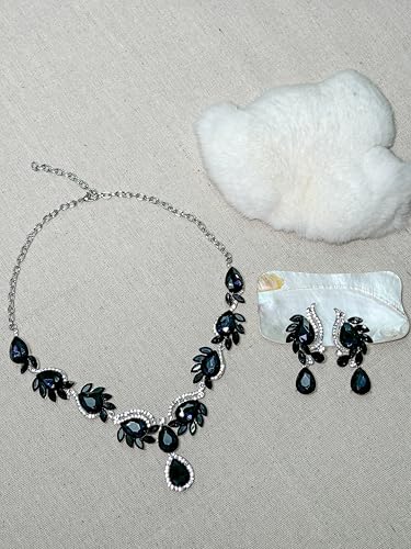 Women Jewelry Set Rhinestone Crystal Bride Statement Choker Necklace Teardrop Cluster Dangle Earrings Set for Wedding Prom Party - color: Violet