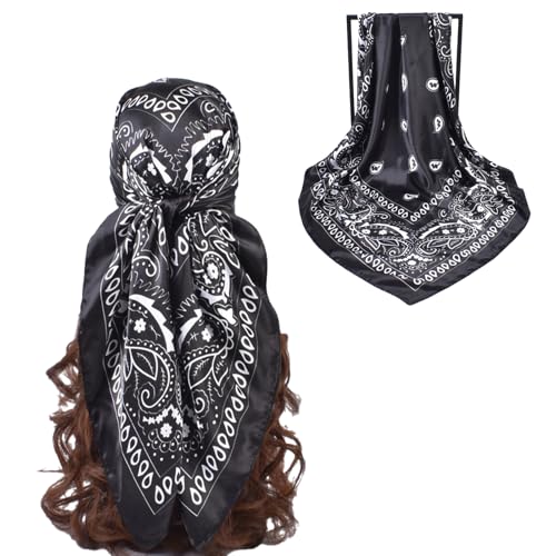 35” Satin Large Square Head Scarves-Like Silk Satin Scarf for Hair Wrapping at Night Bandana Square Scarf for Sleeping - color: Little Water Drop-black