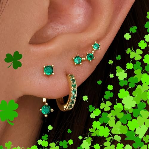 3 Pairs Dainty Small 4th of July Earrings for Women Trendy, Birthstone Stud Huggie Hoop Jacket Stack for Cartilage Helix, Gold Plated Hypoallergenic Cute Women Fashion Accessories Western Jewelry Gifts - color: 05Green Created Emerald-May (Gold)