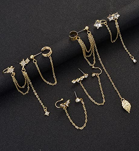 Tornito 6-12Pcs Cuff Earring Chain Leaf Snowflake Star Butterfly with CZ Crawler Climber Earring Studs Drop Dangling Chain Wrap Tassel Earring for Women Men 20G Silver Gold Tone - color: B:Gold Tone