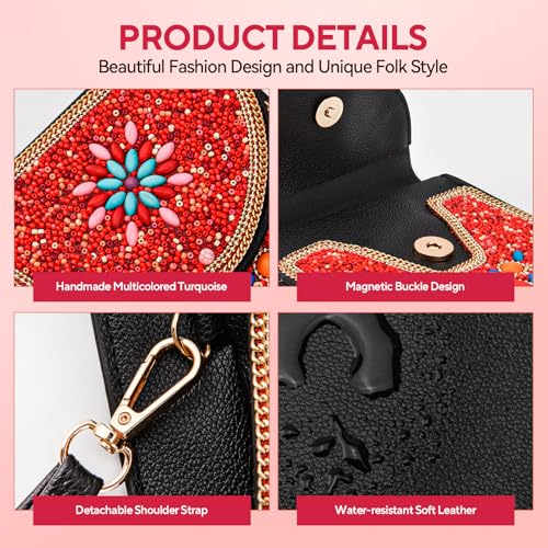 Small Beaded Crossbody Bag for Women, Boho Cell Phone Shoulder Purse Wallet with Handcrafted Colorful Beads - color: Tree-red